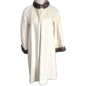 Vintage Cream Wool Mod Retro Coat w/ Real Mink Fur Collar & Cuffs Satin Lined